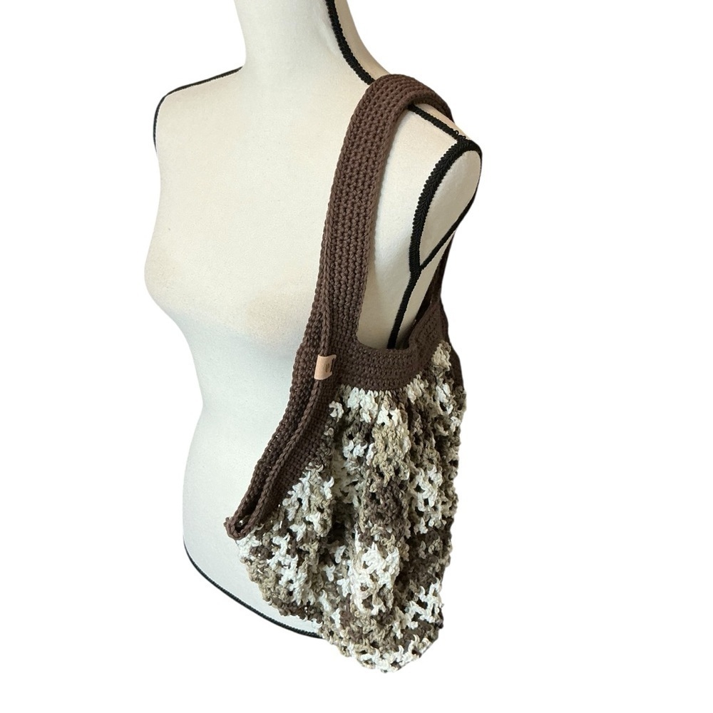 Large Crochet Mesh Market Bag Brown White Cotton Handcrafted Handmade Reusable - Picture 4 of 16